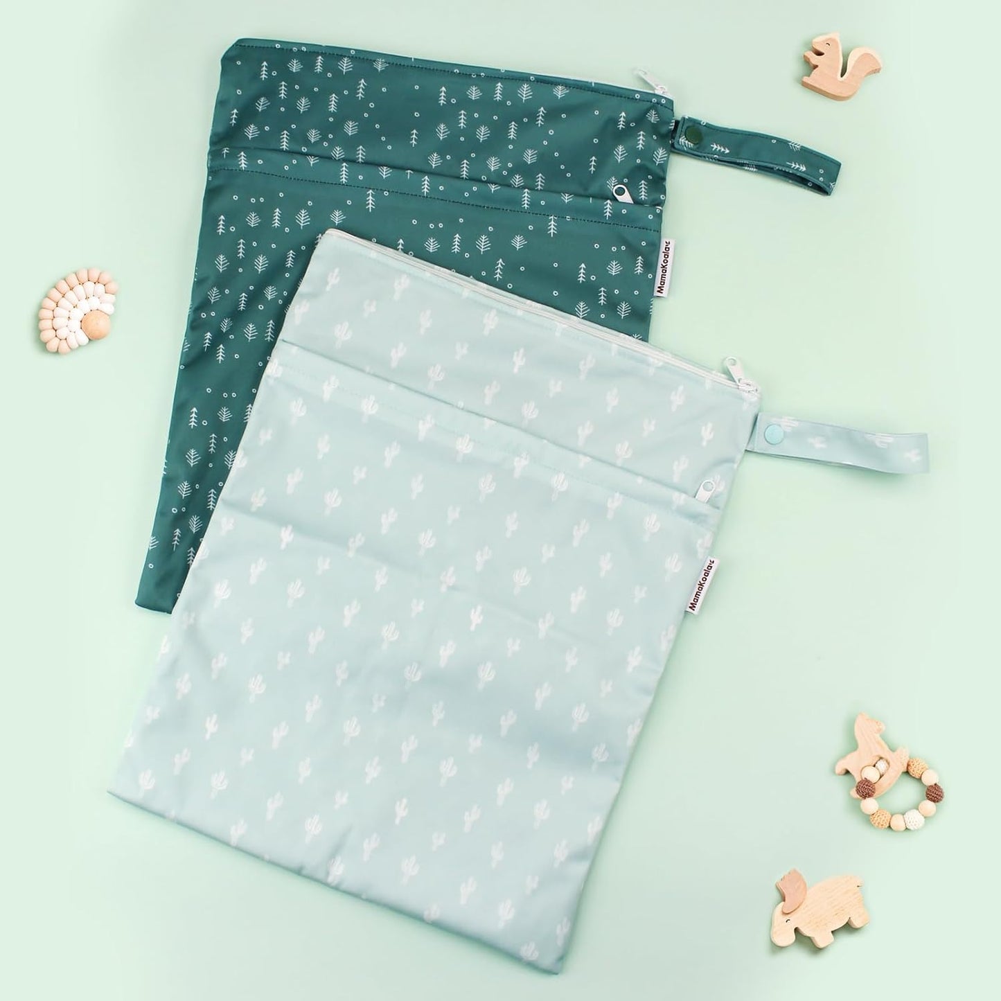 Mama Koala Waterproof Wet Dry Bags for Baby Items, Cloth Diapers, Swimsuits, Travel, Gym Clothes, Beach, Pump Parts, Toiletries, Two Zippered Pockets, 2 Pack (W017)