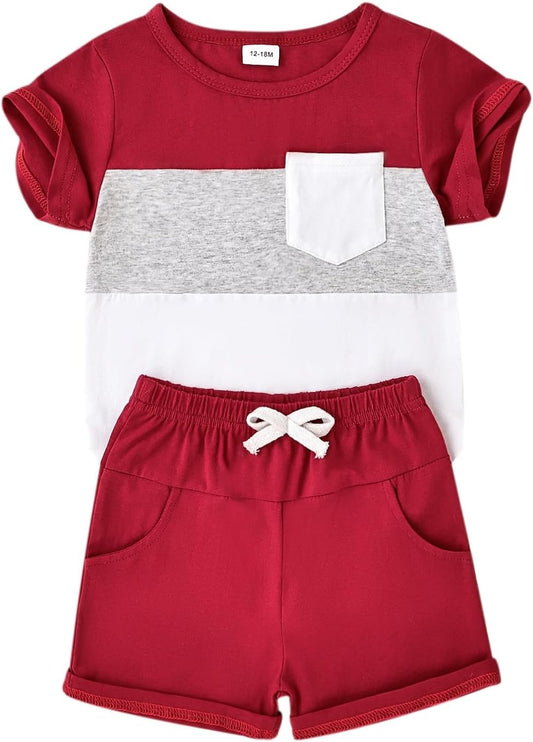 Baby Boy Clothes Toddler Boy Summer Outfits Short Sleeve Patchwork Top T-shirt & Pocket Pant Set 2 Piece 12 Months-4T