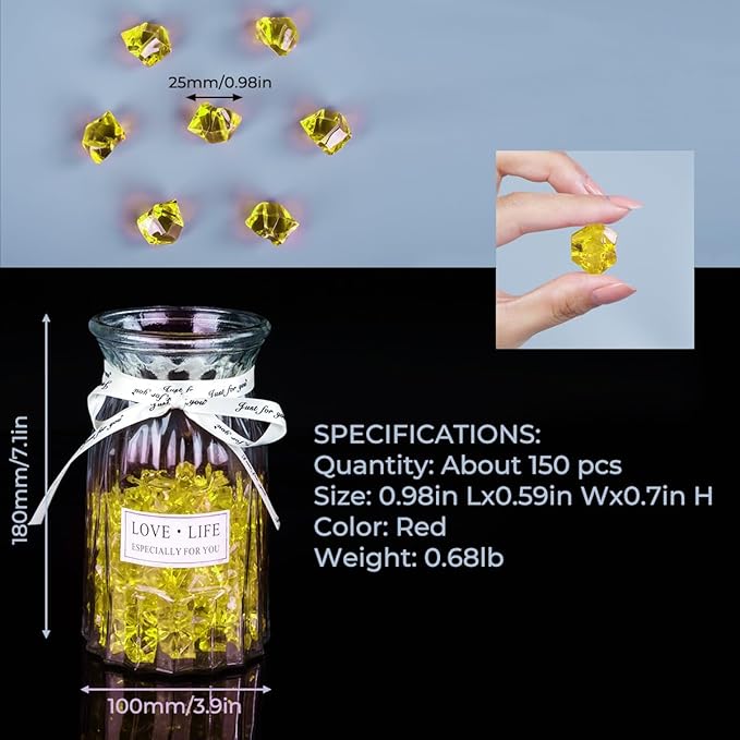 Babenest Acrylic Crushed Ice Rocks, 150 PCS Fake Crystals Plastic Ice Cubes Diamonds Gems for Vase Fillers, Home Decoration, Table Scatter, Event, Wedding, Arts & Crafts (Gold)