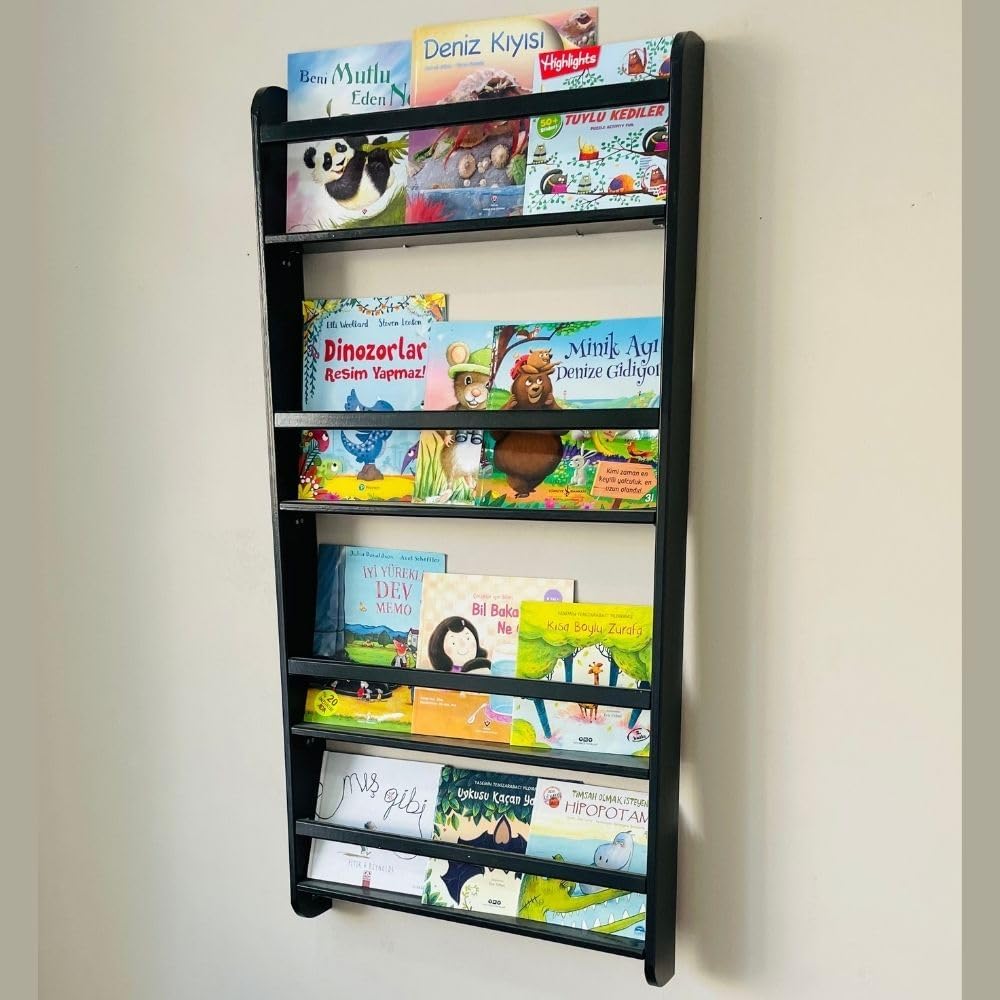 Handmade Solidwood Wall Mounted Montessori Kids Bookshelf, 4 Tier Book Display for Children Bedroom, Nursery Furniture Bookcase, Solid Wood Pine Tree Book Organiser for Living Room (Black)