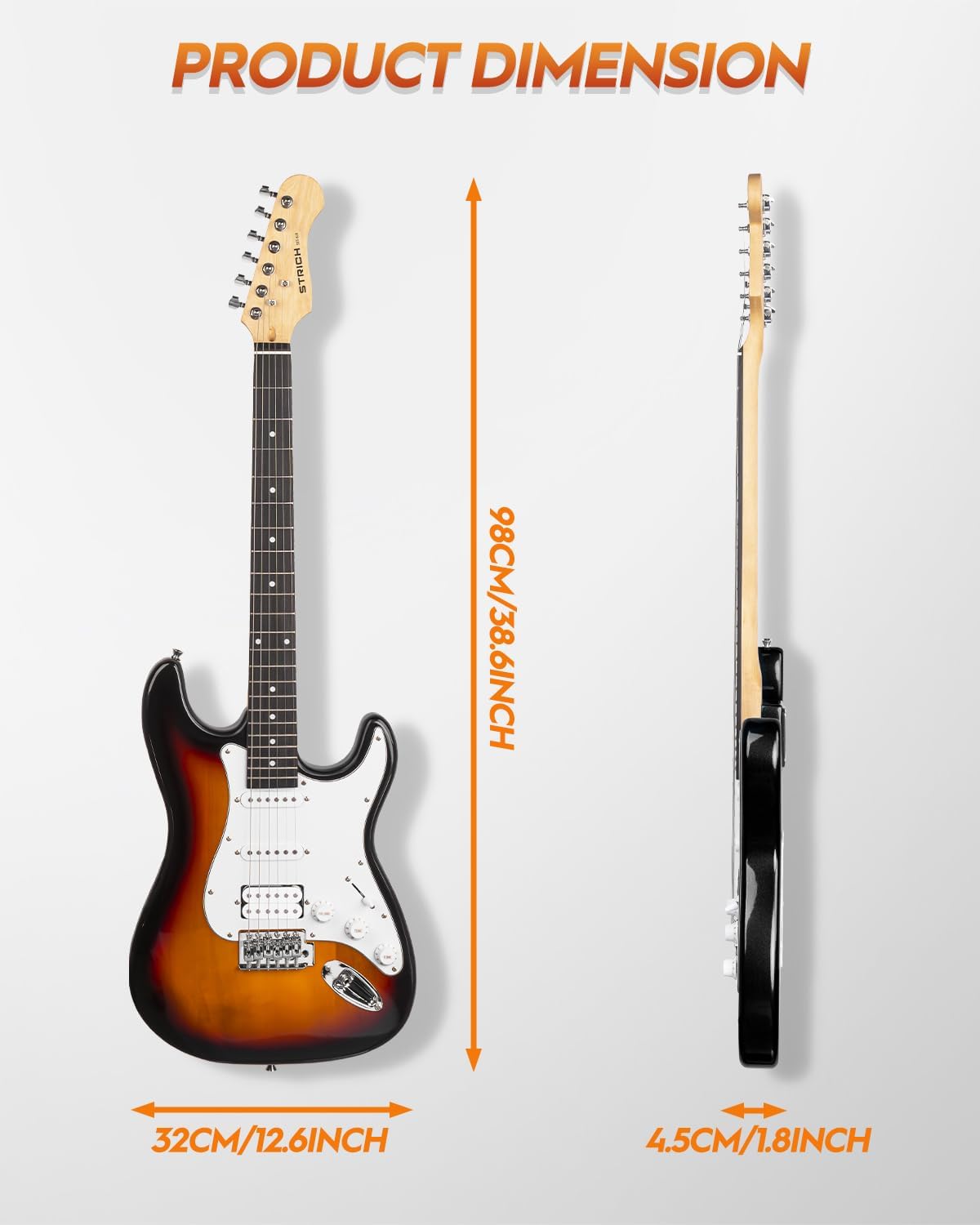 STRICH Electric Guitar Beginner Kit, Solid Body 39" Full Size Electric Guitar HSS Pick Up for Starter, with 10W Amp, Bag, Digital Tuner, Capo, Strap, String,Cable, Picks, SST-S20 Sunburst
