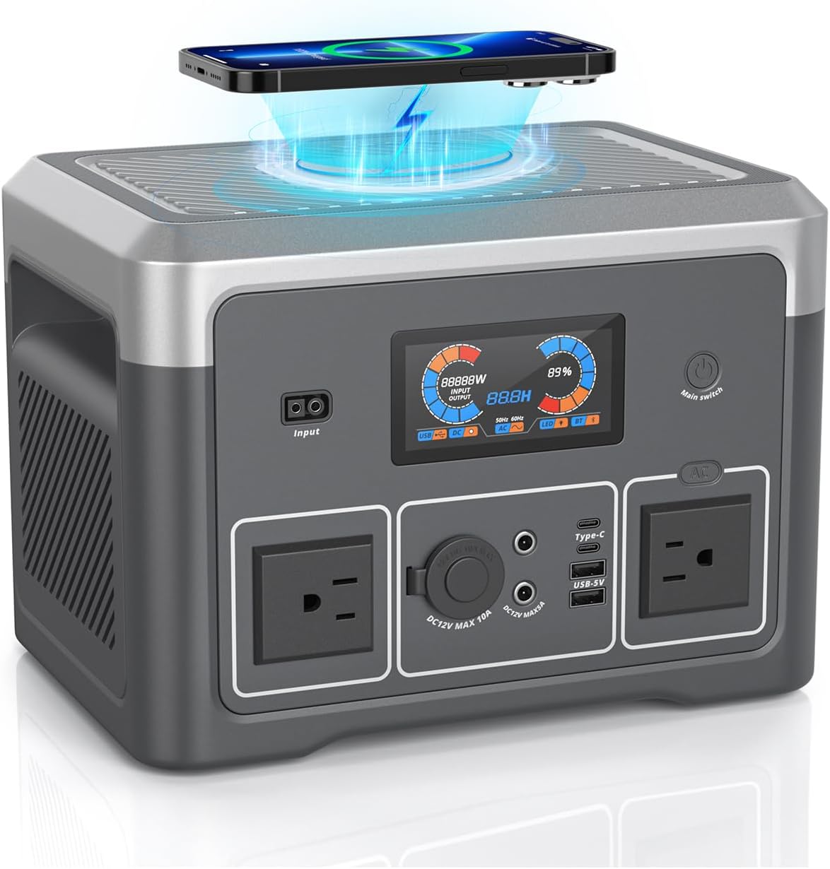 Portable Power Station, 384Wh LiFePO4 Battery Backup, 600W(1800W Peak) Solar Generator with 10 Outlets,UPS Function, Solar Power Station for Home Emergency,Camping,RV, Music Player&LED Lights