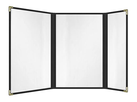 Goodsmart Restaurant Menu Covers – 25 Pack Black 6 Views Trifold, Side-Loading Menu Holders, Vinyl & Plastic Menu Covers, Clear Menu Sleeves, 8.5" x 14" & 4.25" x 14", Café Style with Gold Corners
