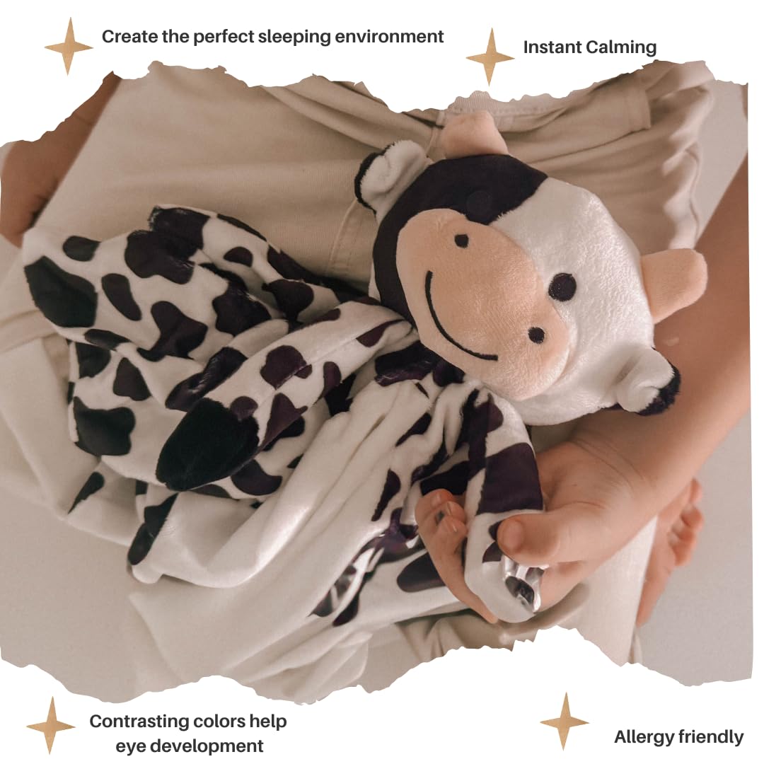 Love By Emi Baby Music Lovey Black & White Cow, Baby Sleep Soother for Crib & Cuddle Bedtime, White Noise with Heartbeat & Lullaby, Plush Sound Toy, Stuffed Animal for Newborns, Infants & Toddlers