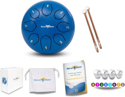 The Balmy Drum - 8 Note 6 Inch Steel Tongue Drum, Steel Drum Instrument, Drums For Children and Adults, Balmy Drum Set for Kids with Music Book, Handpan, Mallet and Carry Bag (Blue)
