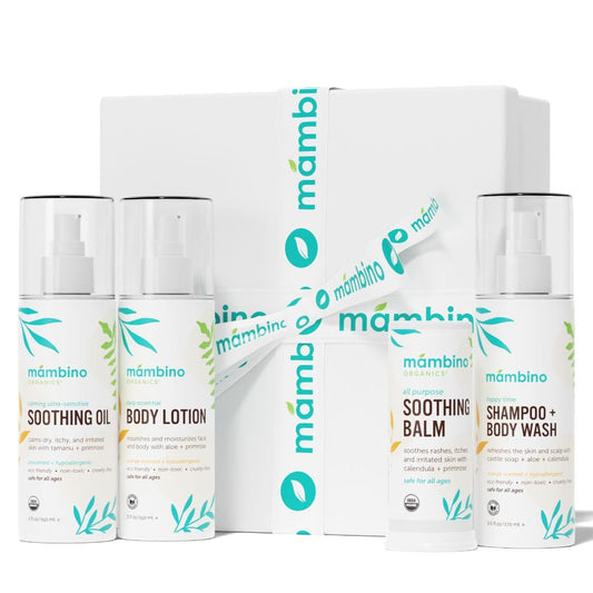 Mambino Organics Baby Arrival Essential Care Gift Set - Organic Baby Care Kit - Vegan & Cruelty-Free 4pc Set - Shampoo, Lotion, Soothing Oil & Balm - Ideal Organic Baby Gift Set for New Moms