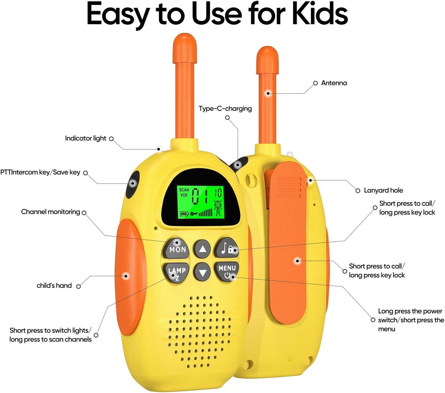 Walkie Talkies for Kids: 2 Pack Rechargeable Kids Talkies, Long Range 22 Channels Way Radio Christmas Birthday Outdoor Camping Fun Toy Gift 3-12 Year Old Boys Girls, Yellow + purple