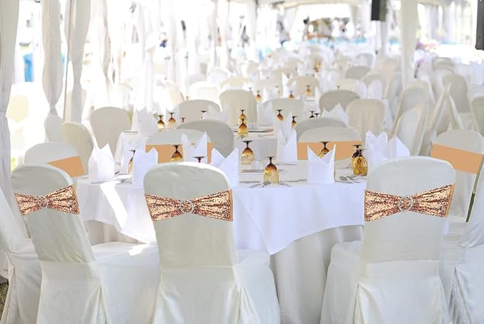 25 Pcs Chair Sashes Sequin Stretch Chair Bands Spandex Polyester Bows for Party Hotel Wedding Banquets Decoration - Rose Gold