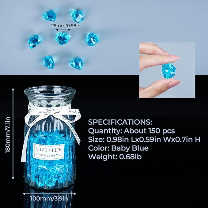 Babenest Acrylic Crushed Ice Rocks, 150 PCS Fake Crystals Plastic Ice Cubes Diamonds Gems for Vase Fillers, Home Decoration, Table Scatter, Event, Wedding, Arts & Crafts (Baby Blue)