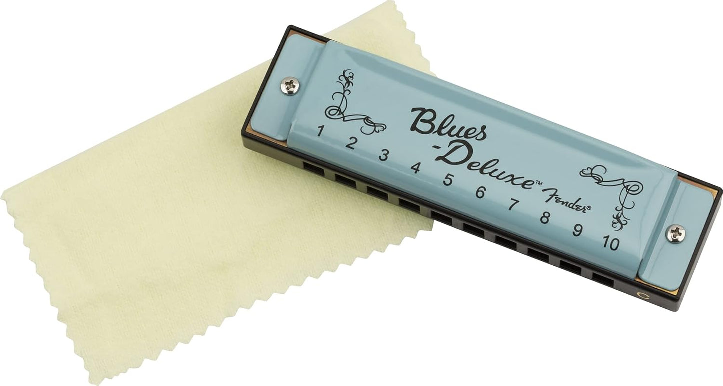 Fender Blues Deluxe Harmonica, Stocking Stuffers, Guitar Accessories, Key of C 10 Holes, Includes Hard Plastic Carrying Case, Daphne Blue