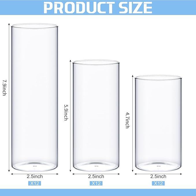 Thin Glass Cylinder Vases 2.5''/3.3'' Diameter 2mm Wall Thickness Clear Flowers Vase Hurricane Floating Candles Holders for Table Centerpieces Wedding Decor(2.5'' X 5'',6'',8'',36 Pcs)
