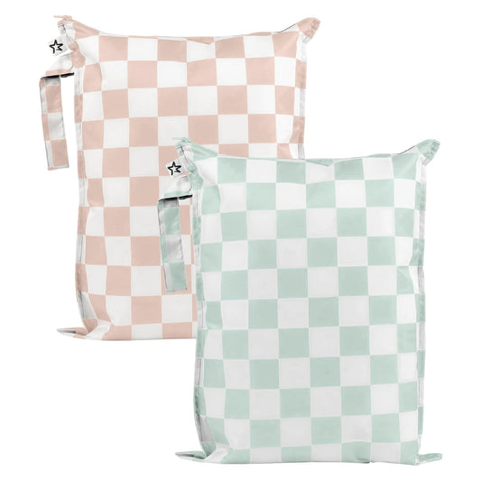 Tiny Twinkle Mess-Proof Waterproof Wet Dry Bag | 2-Pack Reusable Wet Bags for Swimsuits & Baby Clothes | Leakproof Wet Bag for Travel & Diaper Changes for Baby (Unisex Checkers)