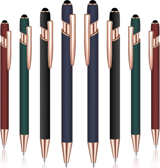 8 Pieces Ballpoint Pen with Stylus Tip Black Ink 2 in 1 Stylus Metal 1.0 mm Medium Point Smooth Pen Rainbow Colorful Rubberized Ballpoint for Touch Screen Tablet(Red, Green, Navy, Black)