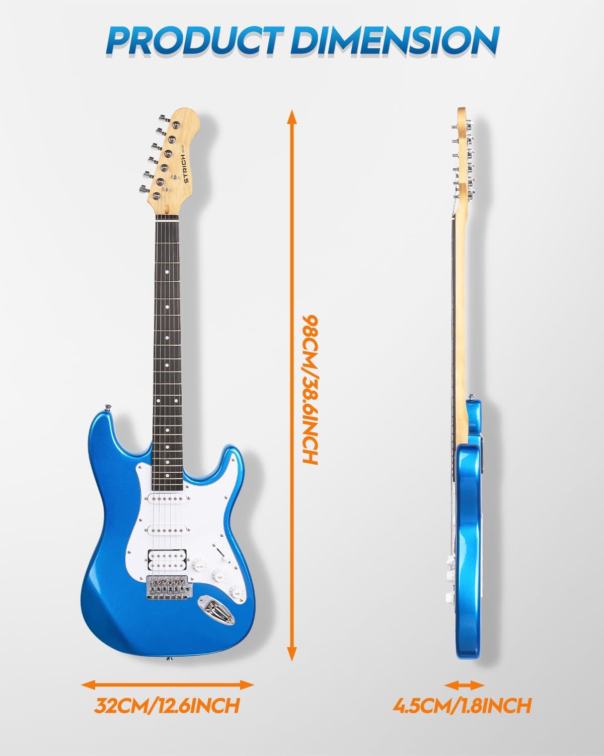 STRICH Electric Guitar Beginner Kit, Solid Body 39" Full Size Electric Guitar HSS Pick Up for Starter, with 10W Amp, Bag, Digital Tuner, Capo, Strap, String,Cable, Picks, SST-S20 Sapphire Blue