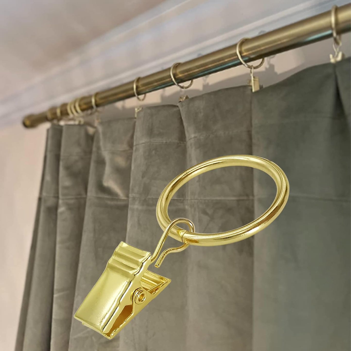 100 Pack Gold Curtain Rings with Clips, Curtain Hooks Hangers Clip Rings for Hanging Drapes Bows Hat, Drapery Rings 1 in I D, Fits up to 5/8 in Diameter Curtain Rod.