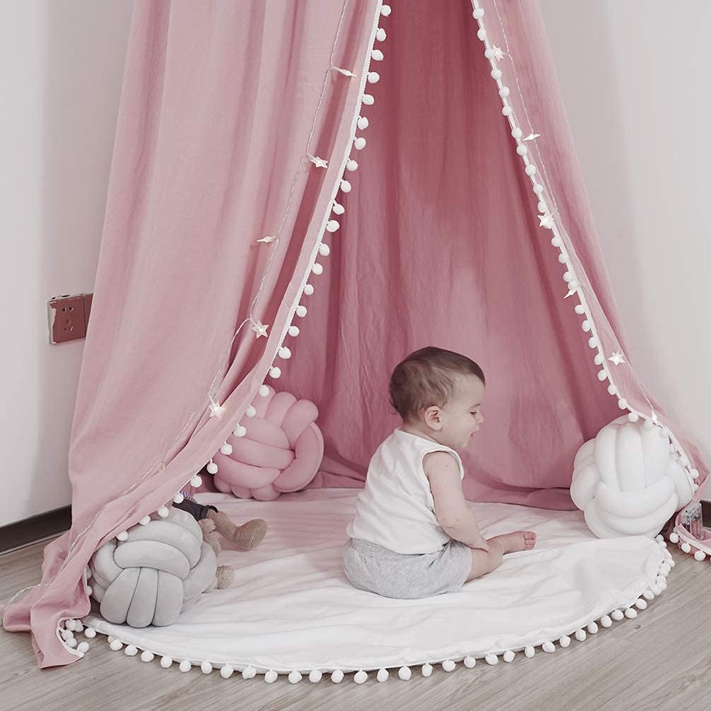 Bed Canopy with Pom Pom for Kids Crib Baby Girl Netting Cover Canopy Crib Curtain Reading Nook Hanging Tent Nursery Play Game Castle Room Decoration (Pink)