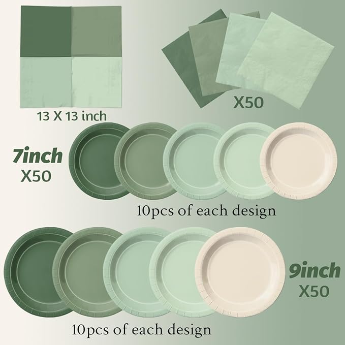 CMUSKO Sage Green Baby Shower Decorations - 150pcs Gradient Plates & Napkins Kit Serves 50 - Party Supplies for Birthday,Wedding