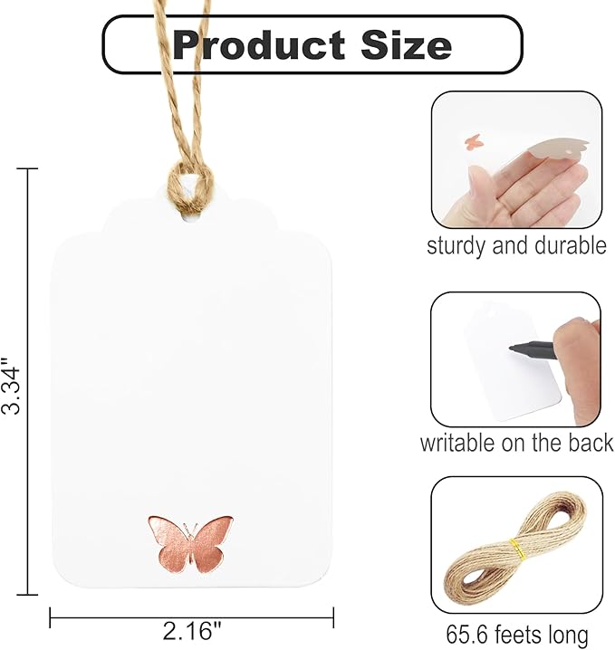 100Pcs Blank Gift Tags with String, Foil Rose Gold Butterfly Large Gift Tags with 65 Ft Jute Twine Cute Tags White Paper Gift Tag for Birthday Baby Shower Wedding Spring Summer Gift Wrap Tag
