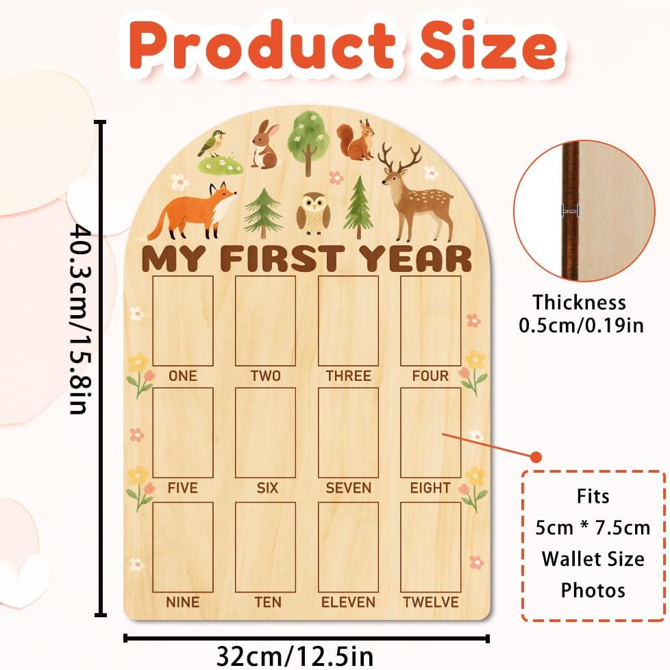 ORIGACH My First Year Baby Growth Photo Display Wood Board - 12 Months Newborn Milestones Photo Board - Neutral Baby Keepsake Board 1st Birthday Party Nursery Decor - Forest Animal & Flower