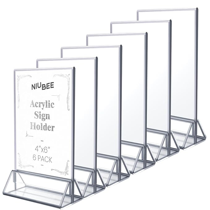 NIUBEE 6Pack 4x6 Clear Acrylic Sign Holder with Sliver Borders and Vertical Stand, Double Sided Table Menu Holders Picture Frames for Wedding Table Numbers, Restaurant Signs, Photos and Art Display