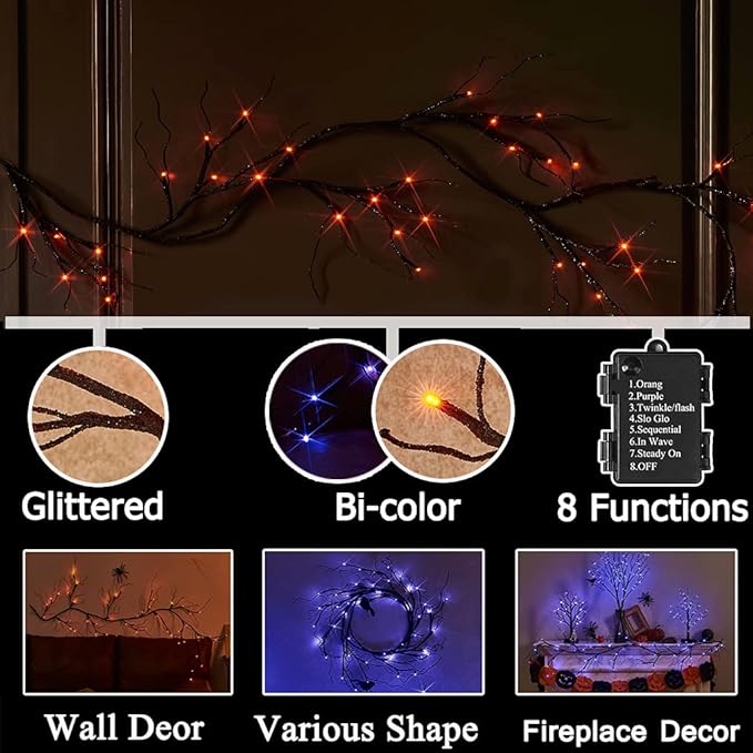 Hairui Lighted Halloween Garland with 48L Orange and Purple Bi-Color LED Lights 8 Functions, Black Glittered Garland Lights Battery Operated 6FT for Indoor Outdoor Halloween Party Decoration
