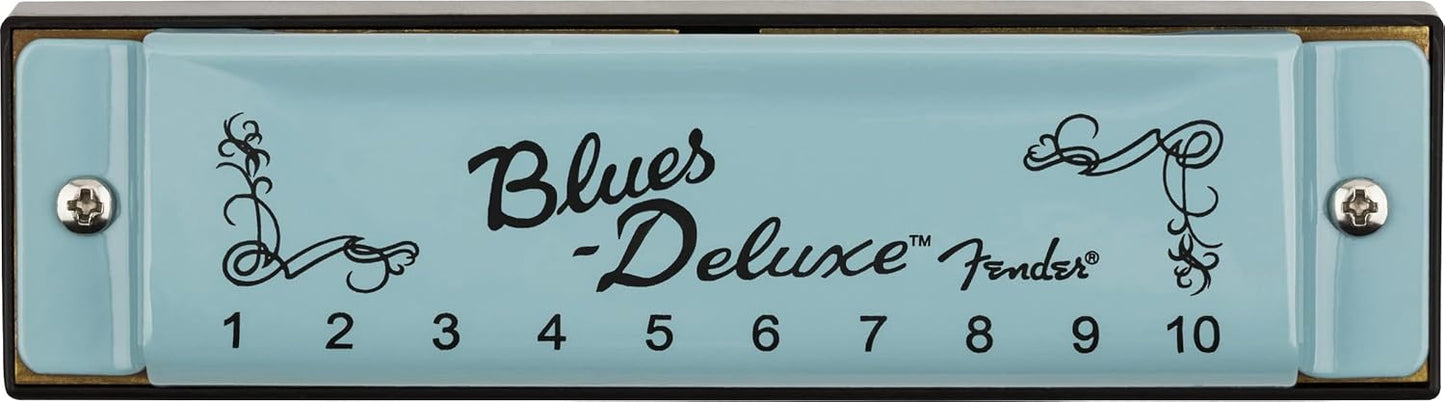 Fender Blues Deluxe Harmonica, Stocking Stuffers, Guitar Accessories, Key of C 10 Holes, Includes Hard Plastic Carrying Case, Daphne Blue