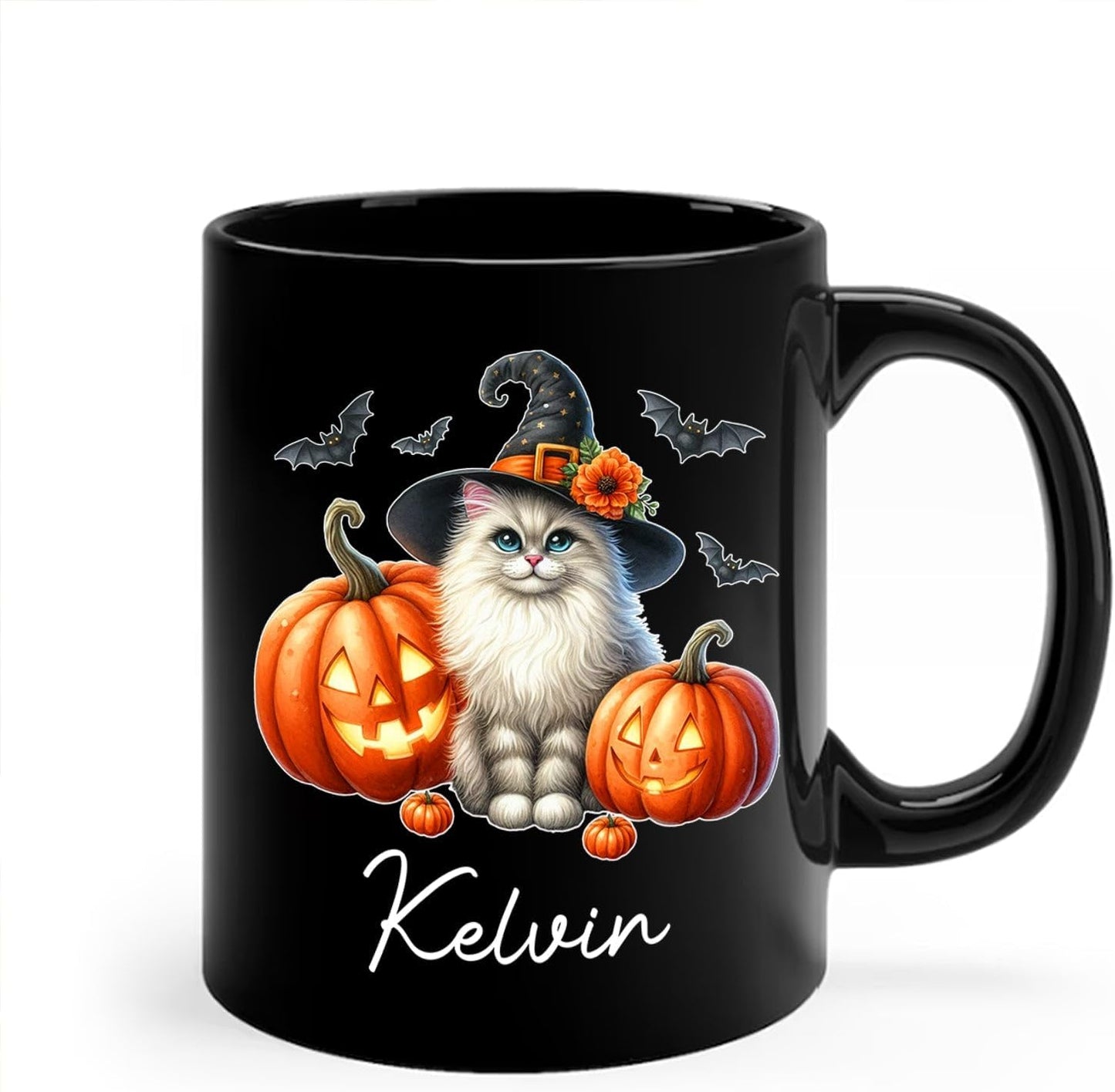Personalized Turkish Angora Wearing Witch Hat Mug 11oz 15oz, Halloween Turkish Angora Coffee Cup with Custom Name, Cat Pumpkins Ceramic Mug for Halloween, Cat Pet Black Cup Gift for Pet Lover