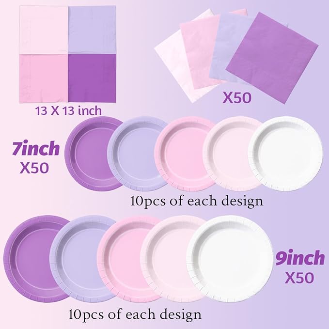 CMUSKO Pink and Purple Decorations-150Pcs Light Purple Pink Plates and Napkins Serves 50,Lavender Tableware Birthday,Birthday,Wedding