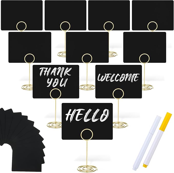 TecUnite 12 Pcs Mini Chalkboard Signs, 4"x3" Small Chalkboard Label with Metal Stand 2 Water Based Chalk for Food Buffet Tabletop Blackboard Sign for Party Bakery(Gold,3.4 x 1.6 in)