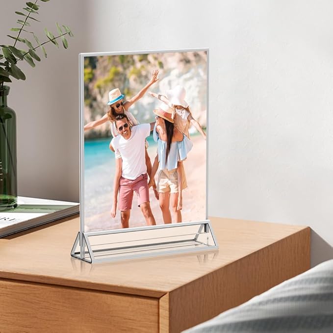 4x 6 Acrylic Sign Holder 12 Pack, Double Sided Silver Picture Frames Clear Wedding Table Numbers for Party, Menu, Restaurant, Photo, Office, Hotels, Meetings