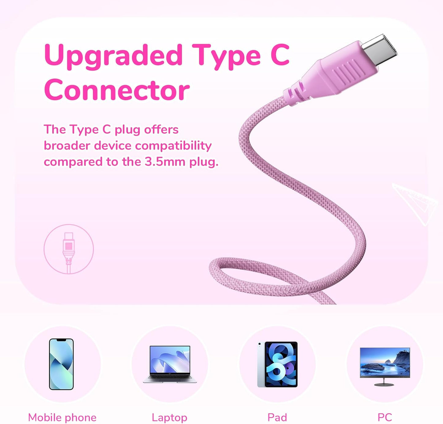 EarFun K3 Kids Headphones, Over Ear Headphones for Kids, Volume Limit, HD Stereo Sound, USB-C Cable, Comfortable Fit, Foldable Wired Headphones for School/Travel/Boys/Girls/Tablet/iPad, Pink