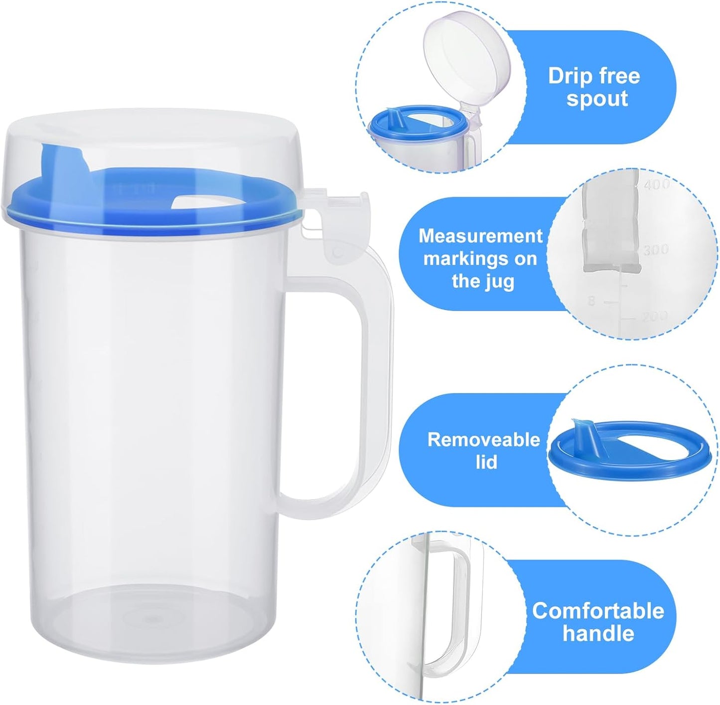 Newtay 6 Pack Early Learning Kids Easy Pouring Mini Pitchers Clear Plastic Pitcher with Lid and Handle Easy Pour Bottles 16 Oz. Jugs with Lids for Classroom Nursery Home (Blue)