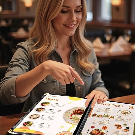 Goodsmart Restaurant Menu Covers – 25 Pack Black 6-View Booklet 8.5" x 14", Side-Loading Vinyl & Plastic Menu Holders, Clear Menu Sleeves, Leather-Style Café Covers with Gold Corners
