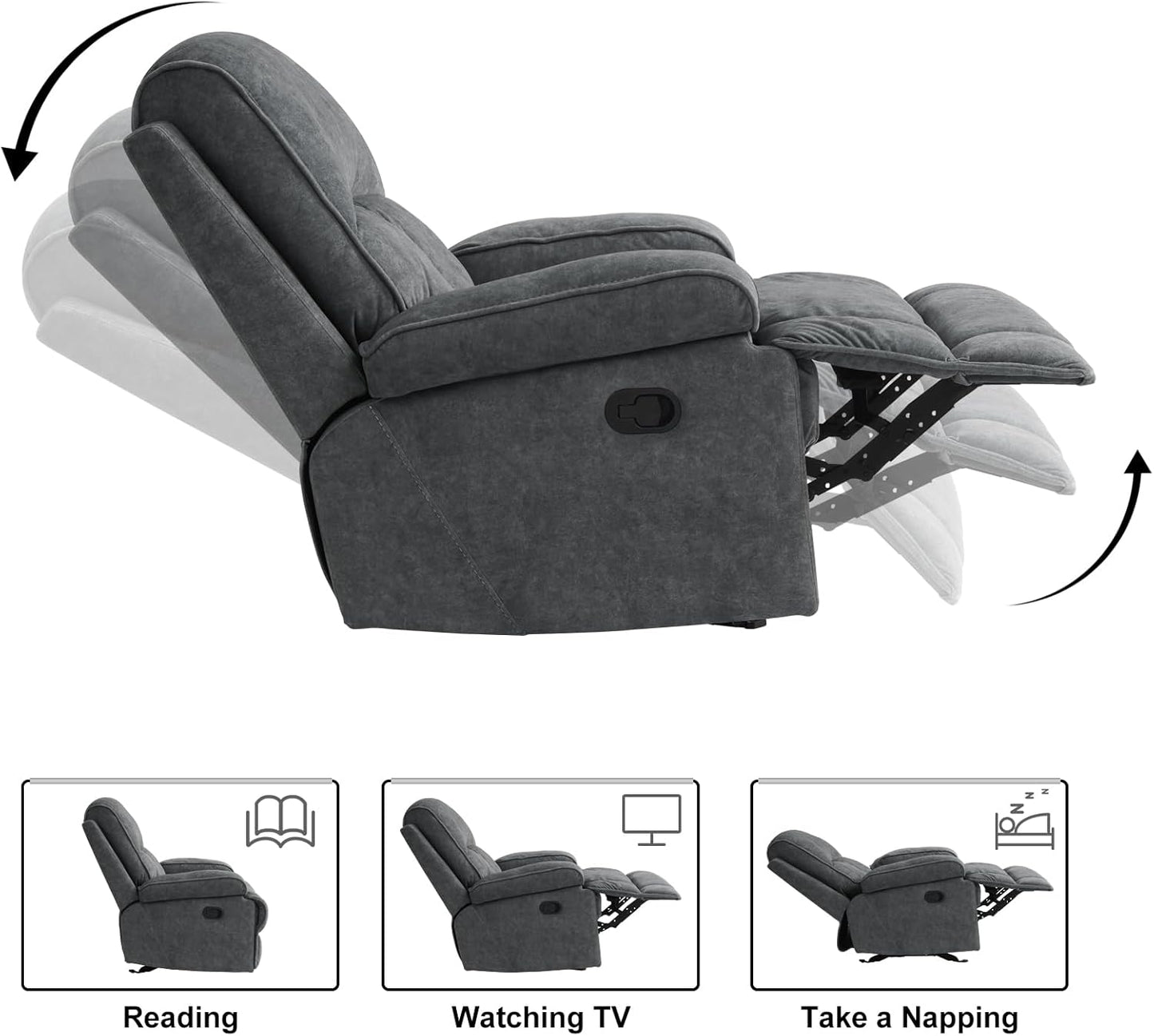 Rocker Recliner Chair for Adults, Manual Glider Chair for Nursery, Reclining Single Sofa Chair for Living Room, Upholstered Fabric Armchair, High Back, Deep Seat, Dark Grey