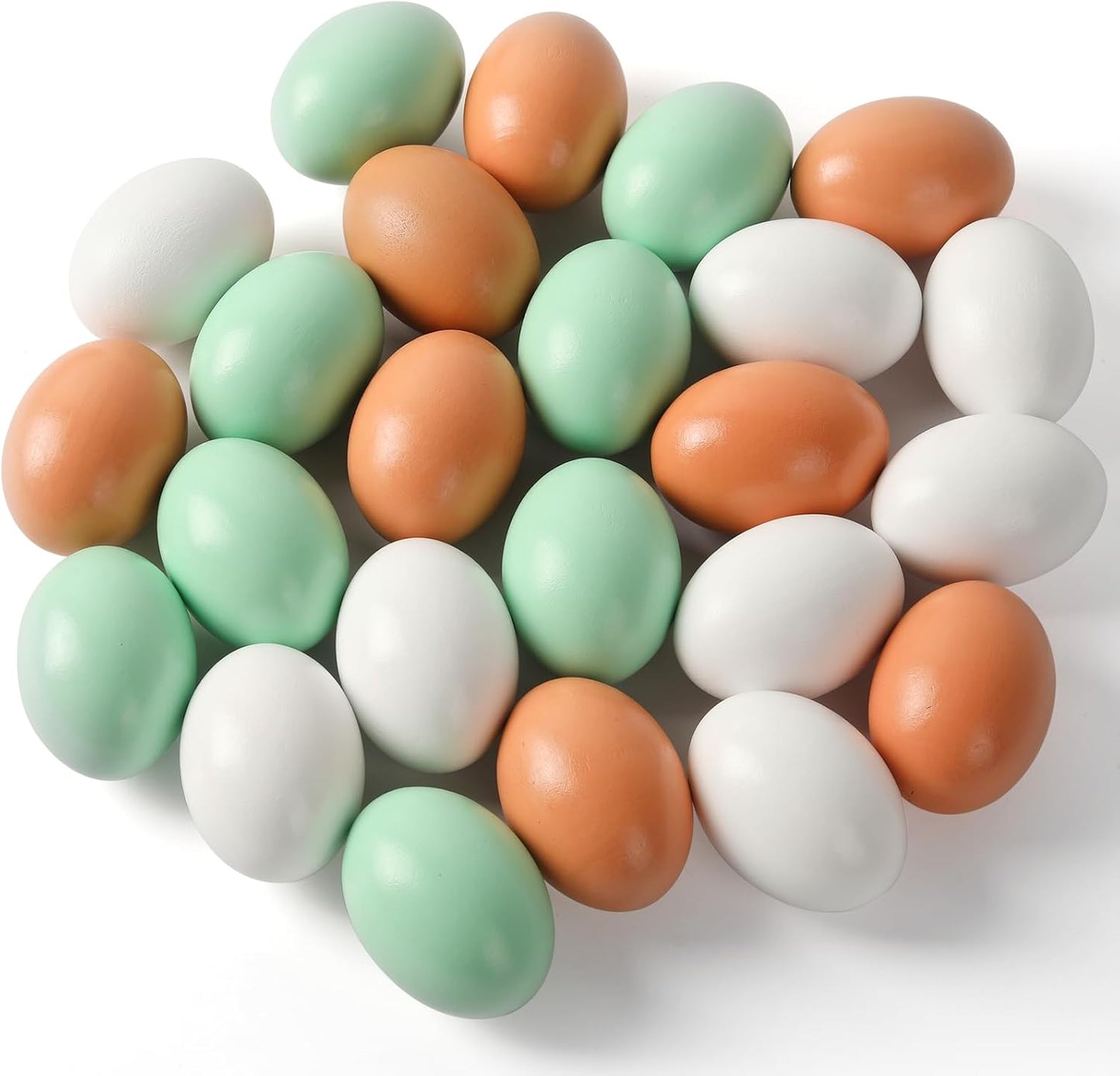 CALPALMY (24 Pieces) Hyper-Realistic Wooden Eggs - 3 Colors Wooden Fake Eggs for Easter, Painting, Decorating, Crafting, Fake Food, and Nest Box Training (8pcs Brown, 8pcs White, 8pcs Green)