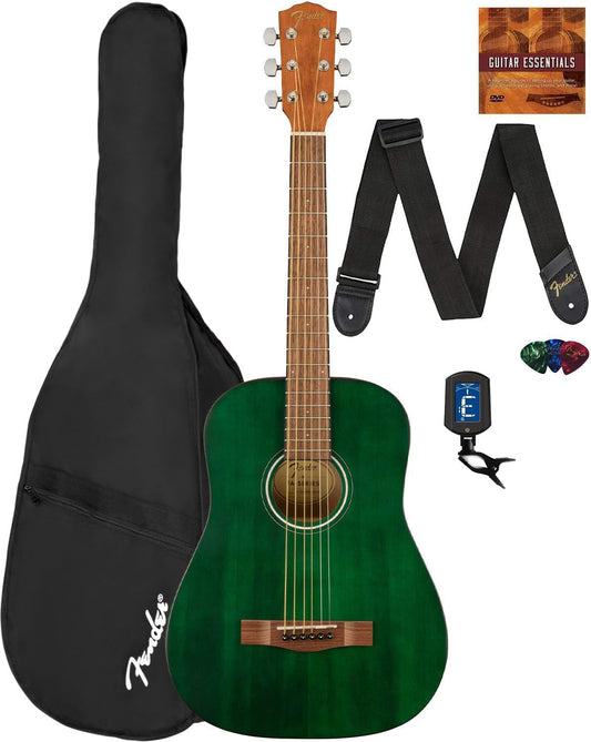 Fender FA-15 3/4-Scale Kids Steel String Acoustic Guitar - Green Learn-to-Play Bundle with Gig Bag, Tuner, Strap, Picks, Fender Play Online Lessons, and Austin Bazaar Instructional DVD