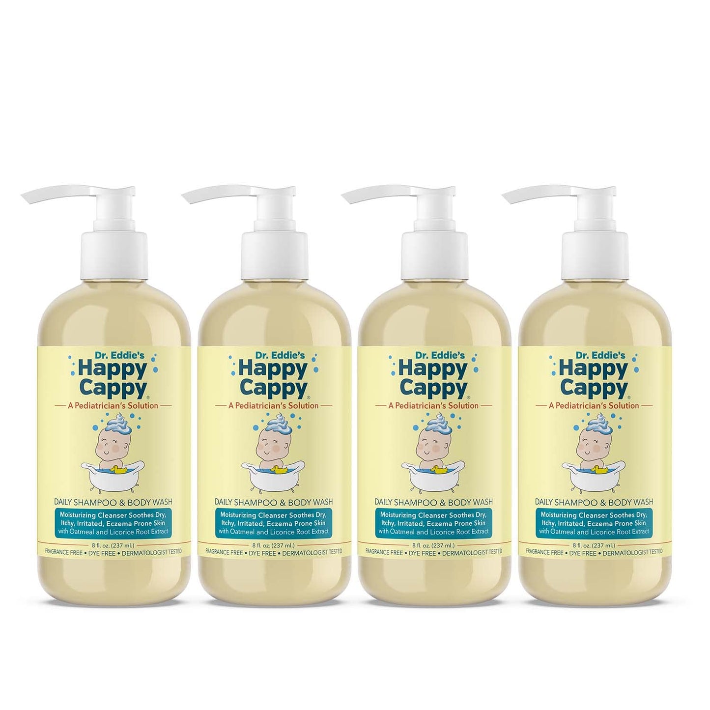 Happy Cappy Baby Shampoo and Body Wash - Eczema Body Wash for Kids, Toddler, Adults, Helps with Dryness, Reduces Itching and Redness, Dermatologist Tested, Fragrance Free - 8 Fl Oz (Pack of 4)