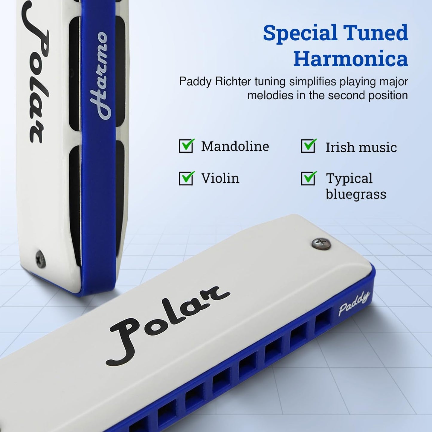 Harmo Polar Diatonic Harmonica Key of C, Paddy Richter Tuning - Specialized for Irish, Bluegrass, Celtic, and Folk Music, Mouth Organ With Case, Harmonica for Kids, Adults, Beginners & Professionals