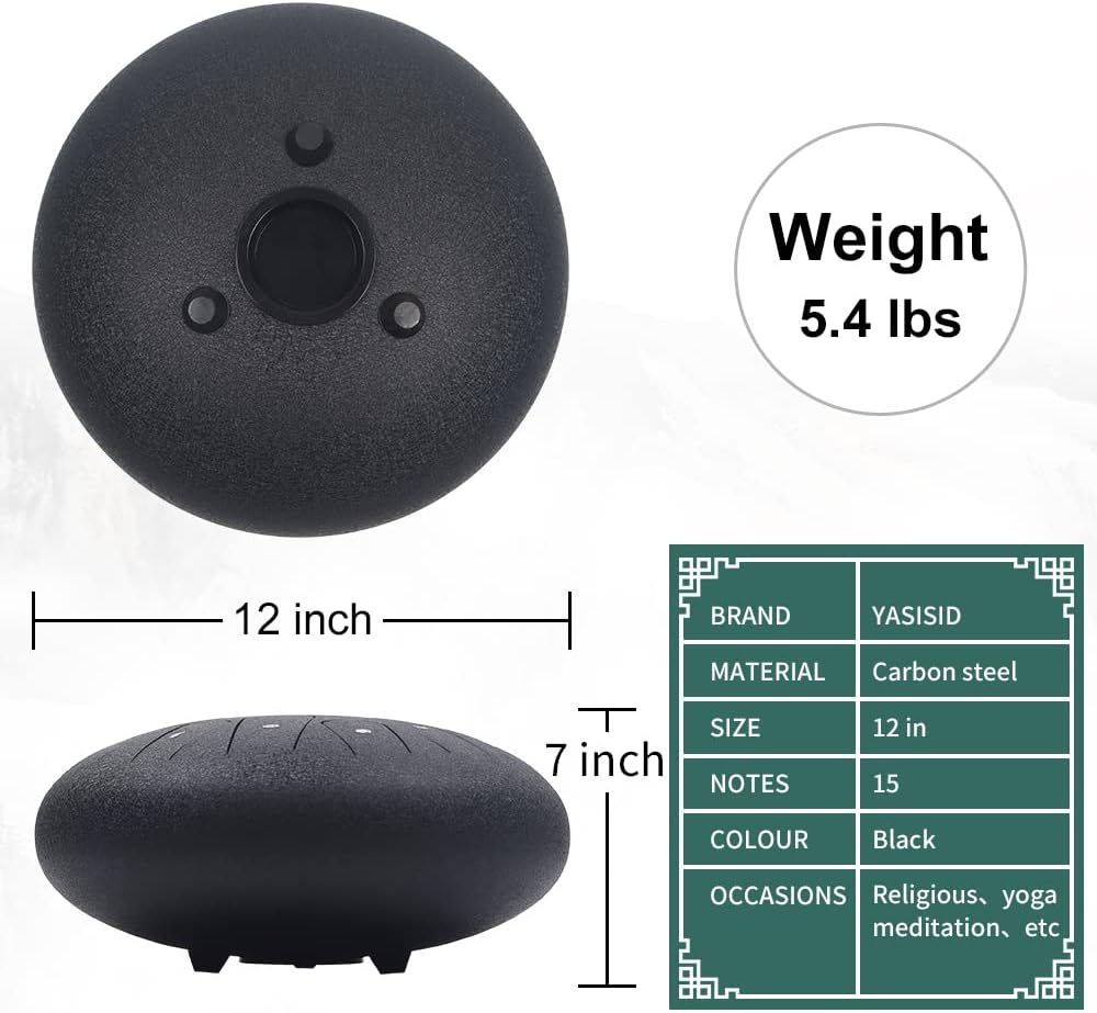Rain Drum for Outside Garden,Steel Tongue Drum 12 Inches 15 Notes Musical Instruments, Handpan Drum Percussion Instrument, with Soft Bag, Music Book, 2 Mallets, for Meditation or Yoga (Black)
