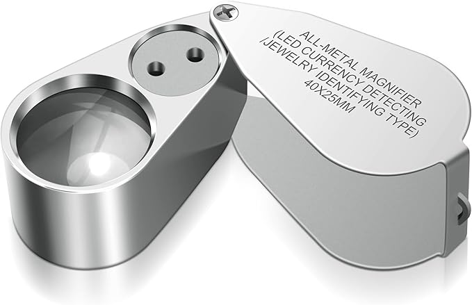 Leffis 40X Jewelers Loupe Magnifier Magnifying Glasses, LED/UV Illuminated Jewelry Loop Pocket Folding Magnifying Glass with Metal Construction for Close Work, Gardening, Kids, Stamp, Rock Collecting