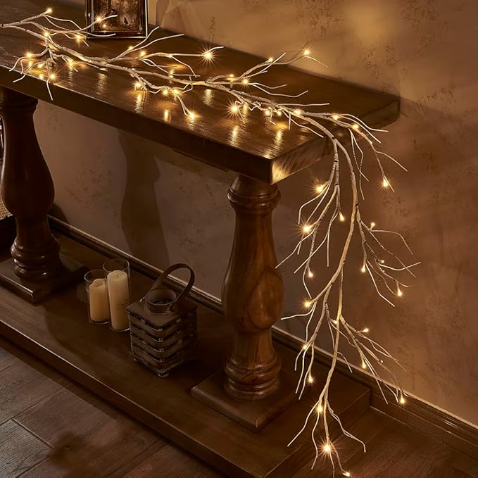 Hairui Birch Garland with Lights 6FT 48 LED Battery Operated, Lighted Twig Vine with Timer for Christmas Home Fireplace Decoration Indoor Outdoor Use