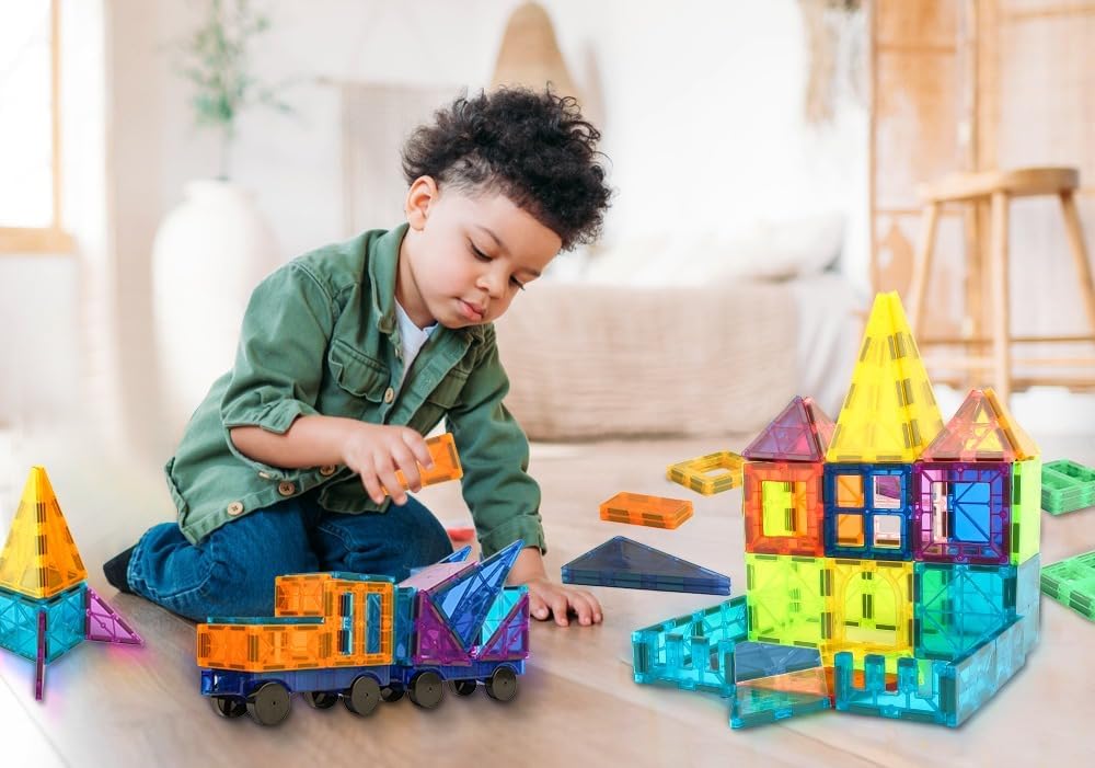 Ziggzo Magnetic Tiles for Kids Ages 4-8 | 100 Magnet Tiles with Storage Bag and 2 Cars | STEM Building Blocks for Creative Learning