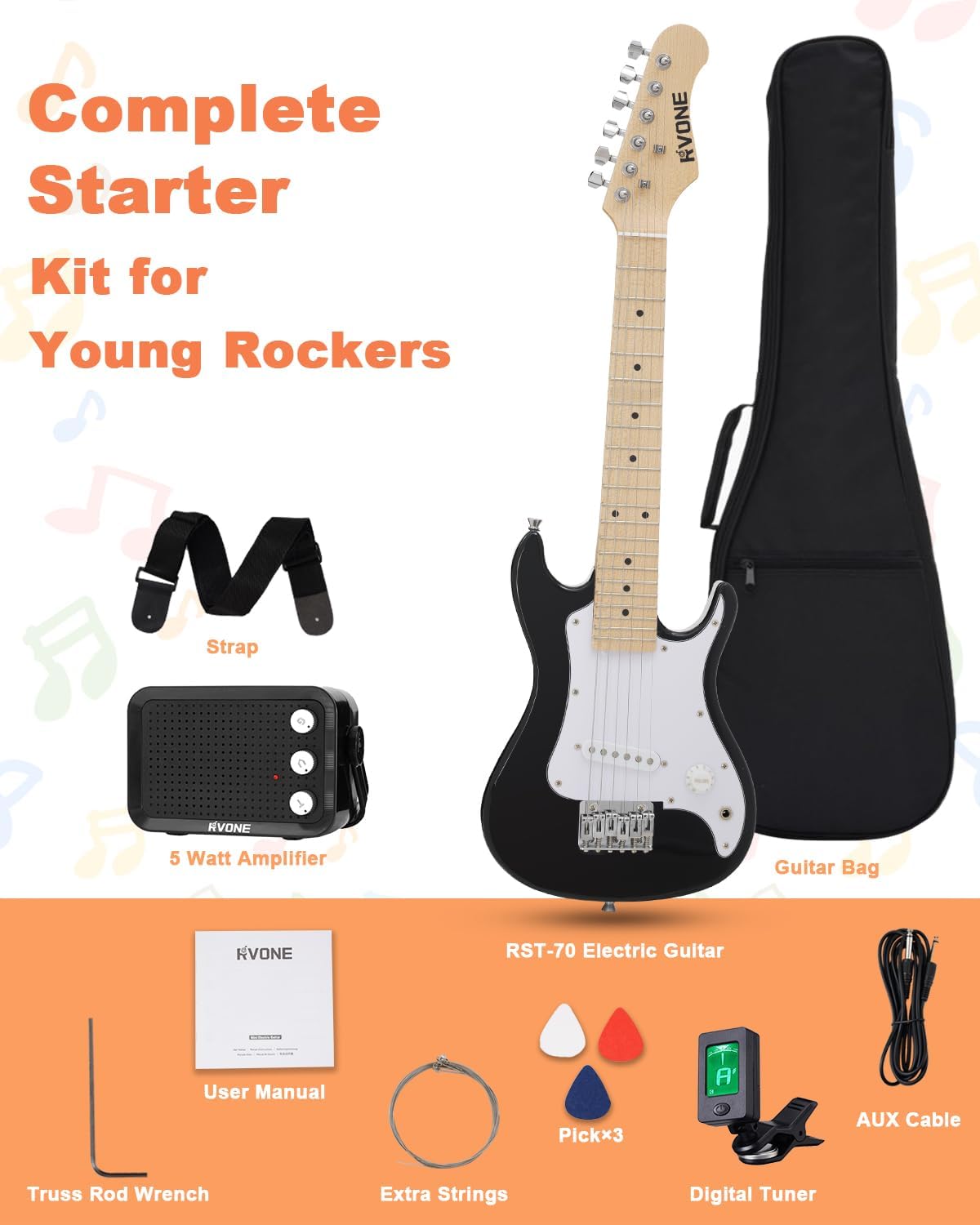 30 Inch Kids Electric Guitar Kit Beginner Complete Bundle with Smooth Fingerboard, Lightweight Design for Child, 5W Practice Amp, Gig Bag, Tuner, Strap, Cable, Picks, Extra Strings, RST-70 Black