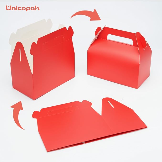 UnicoPak 30 Pack Red Gable Treat Boxes Party Favor Goodie Bag Boxes for Candy Treats Snacks Cookie Toys for Birthday Party Halloween Christmas, 6.5x3.5x4 Inches