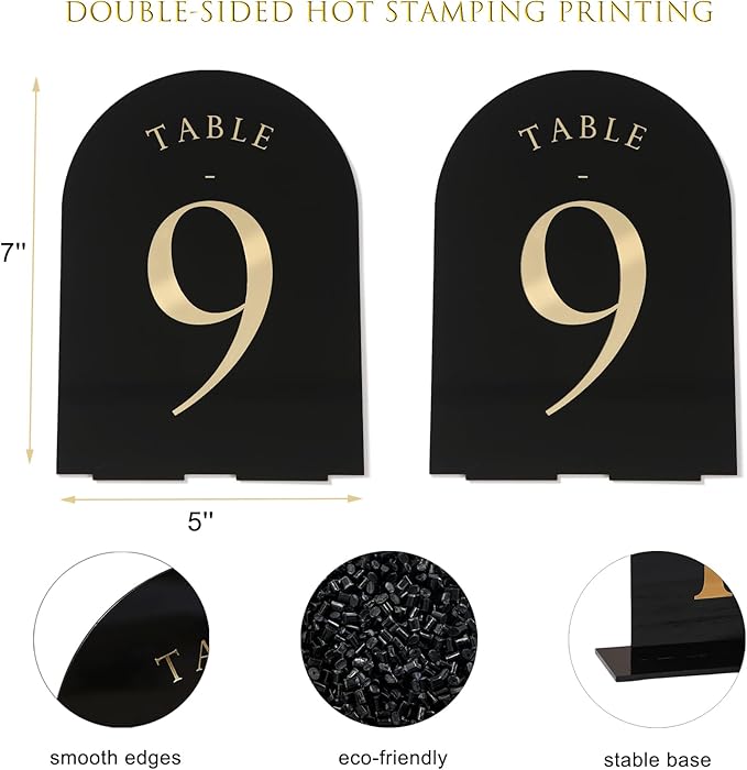 UNIQOOO Black Arch Wedding Table Numbers with Stands 1-15, Gold Foil Printed 5x7 Double Sided Acrylic Signs and Holders, Perfect for Centerpiece, Reception, Decoration, Party, Anniversary, Event