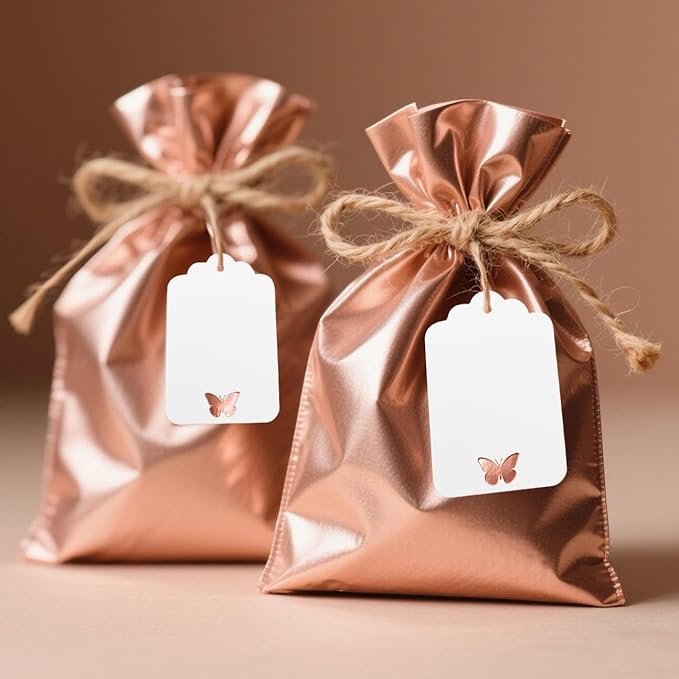 100Pcs Blank Gift Tags with String, Foil Rose Gold Butterfly Large Gift Tags with 65 Ft Jute Twine Cute Tags White Paper Gift Tag for Birthday Baby Shower Wedding Spring Summer Gift Wrap Tag