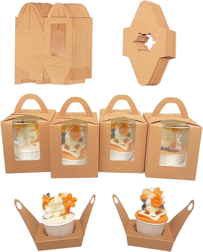 Bakepacker Auto-pop up Individual Cupcake Boxes with Window 60 Count Brown Single Cupcakes Box 3.6 x 3.6 x 4.3inch Cupcake Carrier