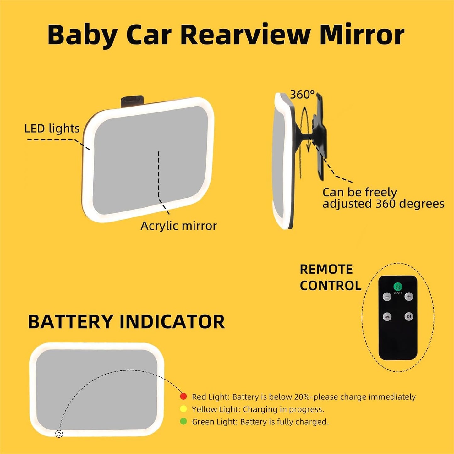 Baby Car Mirror with Light, 3000mAh Rechargeable, Shatterproof, Adjustable Rear-Facing Infant Mirror for Car Seats, Wide View, 360° Rotation, with Remote Control, Safe Travel for Newborns, Toddlers