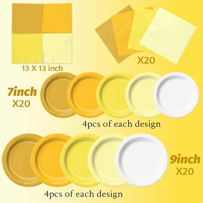 CMUSKO Yellow Birthday Decorations - 60pcs Light Yellow Plates and Napkin Gradient Disposable Tableware for Birthday,Baby Shower,Wedding