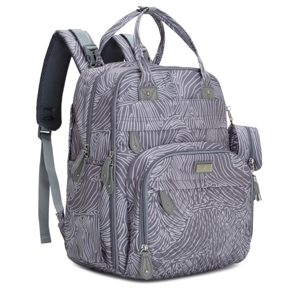 BabbleRoo Diaper Bag Backpack - Baby Essentials, Travel Essentials Baby Bag with Changing Pad, Stroller Straps & Pacifier Case - Unisex, Gray Swirls
